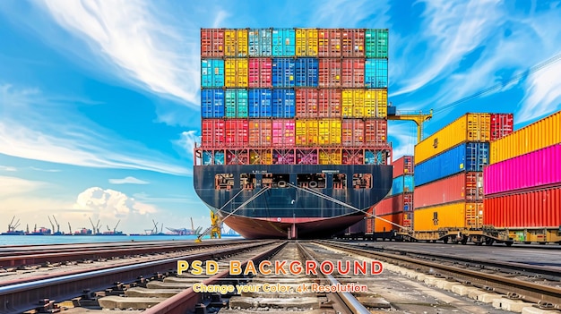 PSD buque de contenedores que trabaja de noche logística de importación y exportación de negocios