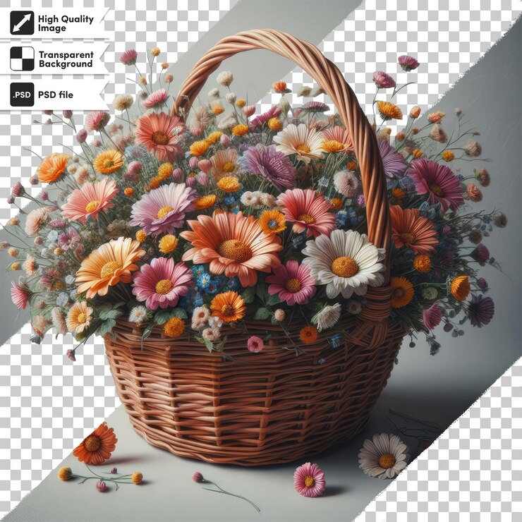 PSD buquê de flores psd num cesto sobre fundo transparente