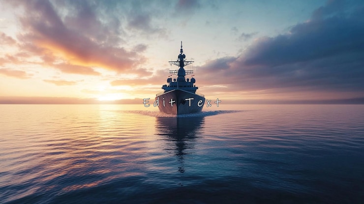 PSD buque de guerra navegando en el reflejo del océano al atardecer