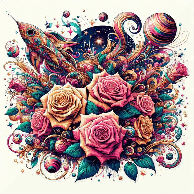 PSD buquê hiperrealista de rosas coloridas desenho de ilustração floral isolado fundo transparente