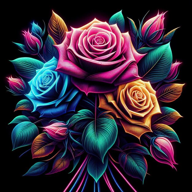 Buquê hiperrealista de rosas coloridas desenho de ilustração floral isolado fundo transparente