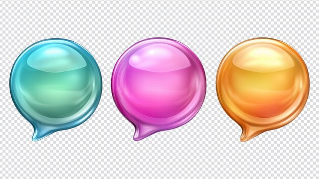 Burbujas de chat coloridas en tonos vibrantes que representan el diálogo de comunicación e interacción en un fondo transparente