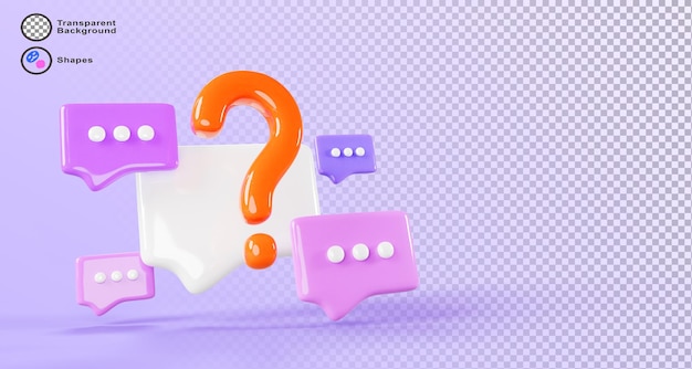 burbujas de habla 3d con signo de preguntas frecuentes renderizar fondo púrpura pregunta respuesta comunicación banner diálogo hablar y chatear cajas de mensajes marcos preguntar globo iconos web de redes sociales