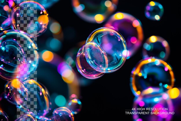 Burbujas de jabón de arco iris burbujas vibrantes crean un espectro de colores sobre un fondo transparente