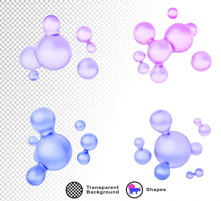 PSD burbujas de morfismo de vidrio holográfico 3d formas de manchas líquidas abstractas bolas de fluidos gradientes metabolas azules y púrpuras rosas esferas dinámicas coloridas irisantes conjunto de renderización aislado