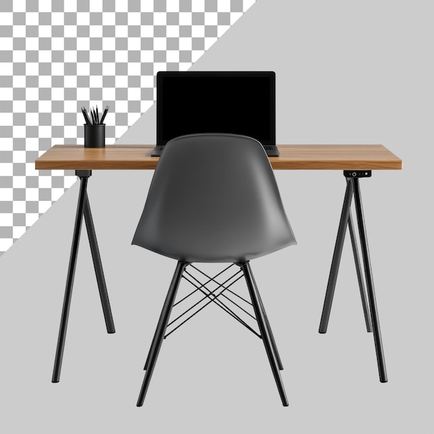 Un bureau avec une chaise de bureau et un ordinateur portable sur le fond transparent de la vue avant