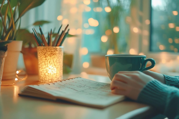 PSD un bureau confortable avec une personne qui tient un journal, des crayons à lumière douce et chaude et des plantes créent une atmosphère tranquille.