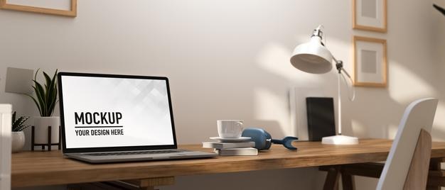 Bureau à domicile de rendu 3D avec maquette de table de travail