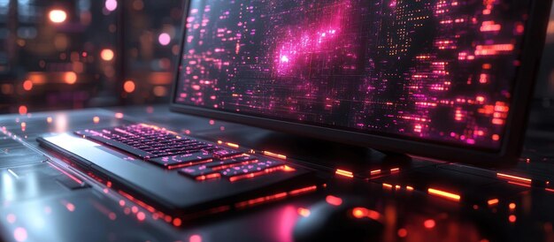 Un bureau futuriste avec un écran d'ordinateur affichant des données abstraites et un clavier brillant de lumière rouge