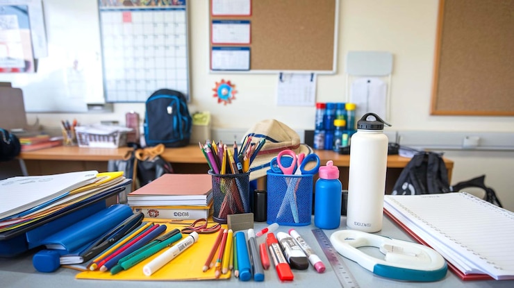 PSD un bureau avec un livre un sac à dos et un livre avec un crayon dessus
