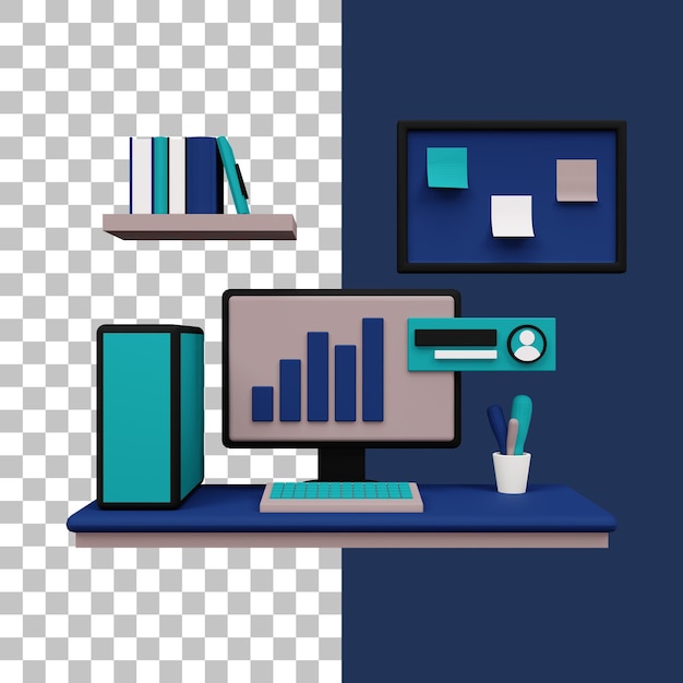 Bureau d'ordinateur d'illustration 3d avec statistique