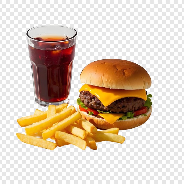 PSD burger au fromage avec frites et soft drin isolé sur fond transparent