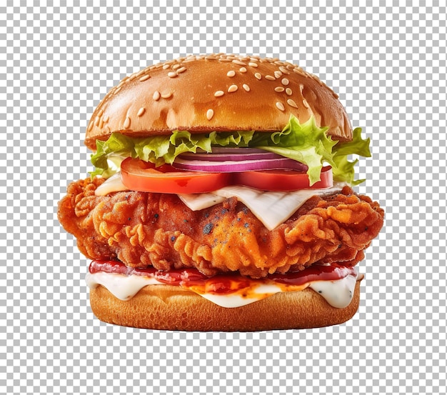 PSD burger au poulet délicieux double burger avec salade de viande de poulet croustillante et sauce isolée sur blanc