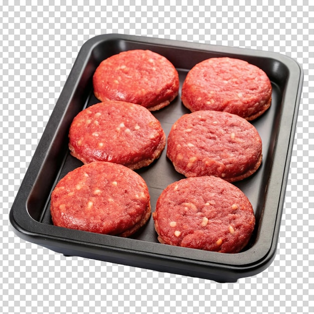 Burger de bœuf frais cru dans un plateau en plastique noir à fond blanc isolé