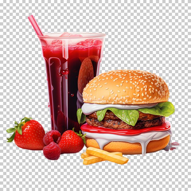 PSD burger de bœuf frais avec un smoothie de baies isolé sur un fond transparent