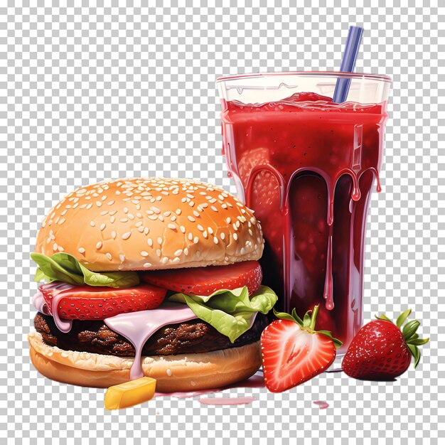 PSD burger de bœuf frais avec smoothie rouge isolé sur un fond transparent