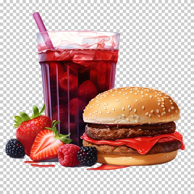 PSD burger de bœuf frais avec smoothie rouge isolé sur un fond transparent