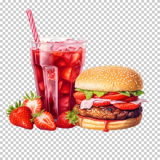 PSD burger de bœuf frais avec smoothie rouge isolé sur un fond transparent