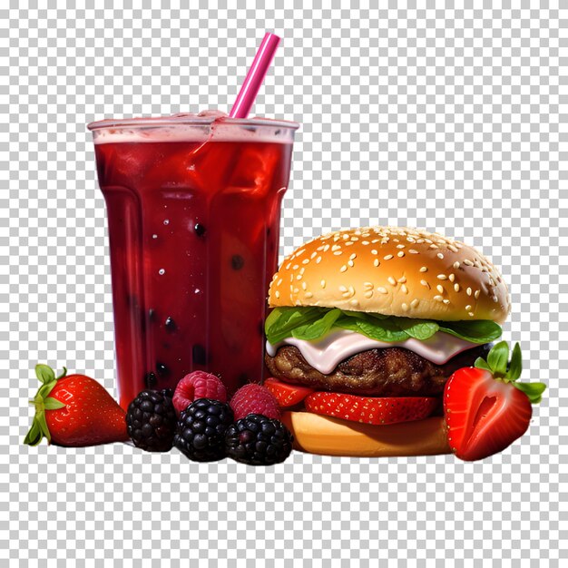 PSD burger de bœuf frais avec smoothie rouge isolé sur un fond transparent