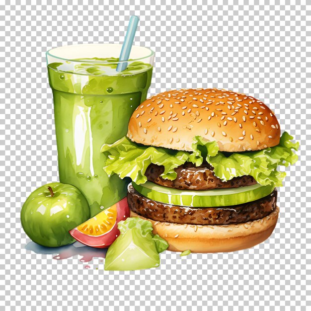 Burger De Bœuf Frais Avec Smoothie Vert Isolé Sur Un Fond Transparent