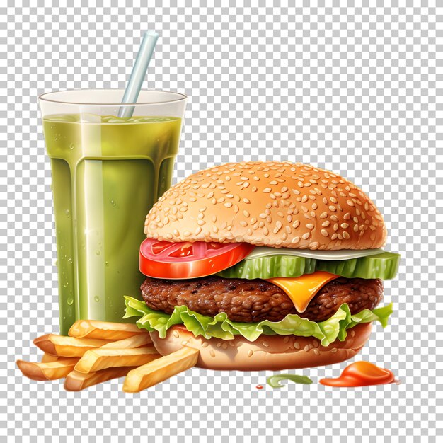 PSD burger de bœuf frais avec smoothie vert isolé sur un fond transparent