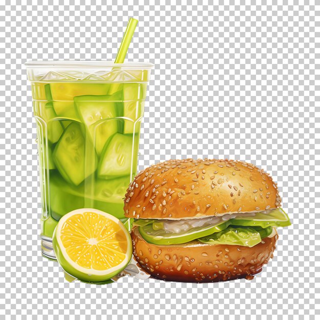 PSD burger de bœuf frais avec smoothie vert isolé sur un fond transparent