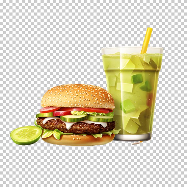 PSD burger de bœuf frais avec smoothie vert isolé sur un fond transparent