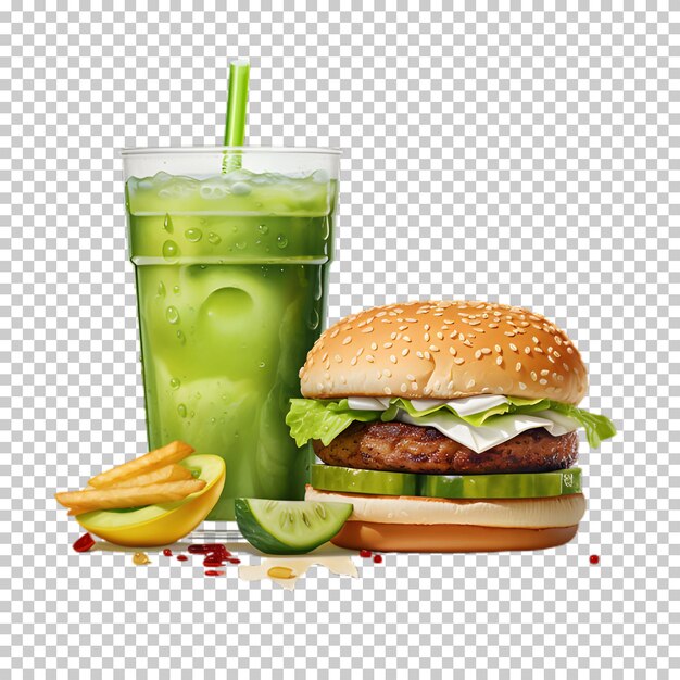 PSD burger de bœuf frais avec smoothie vert isolé sur un fond transparent