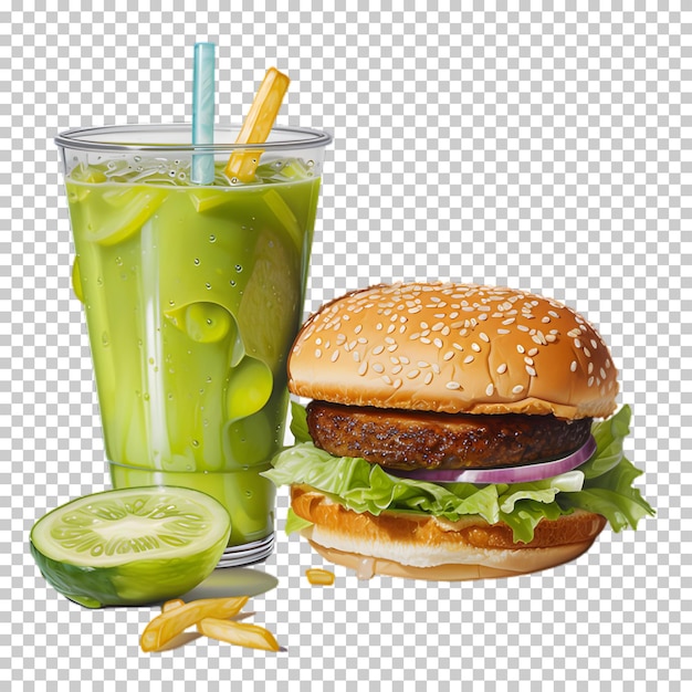 PSD burger de bœuf frais avec smoothie vert isolé sur un fond transparent