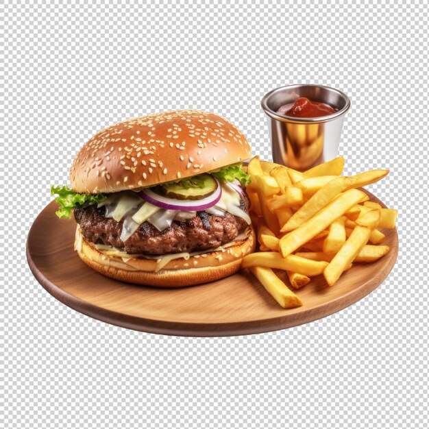 PSD burger de bœuf avec frites isolé sur un fond transparent ia générative