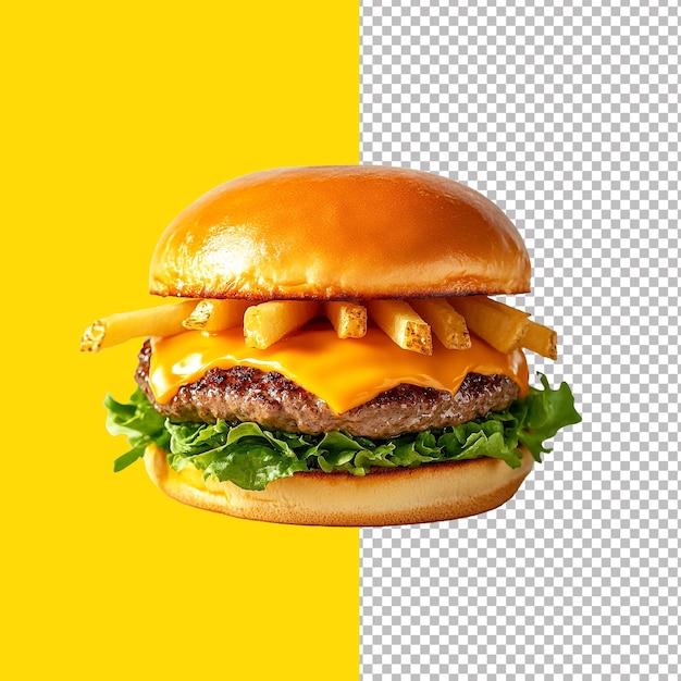 Burger de carne suculenta com batatas fritas transparente em fundo estocado