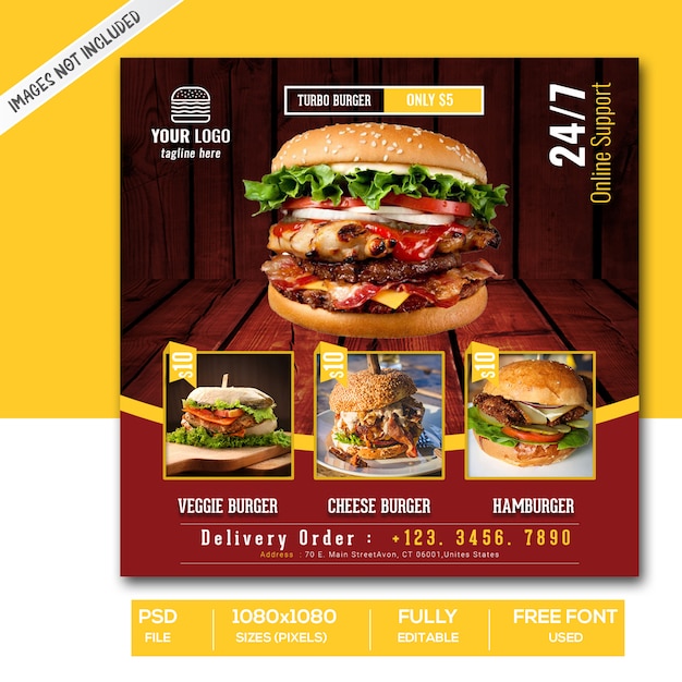 Burger food ou fast food menu promoção mídias sociais instagram post banner template