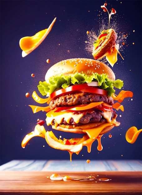 Burger avec des ingrédients volants fromage viande bovine laitue cornichon tomate ketchup produit ketchup malade