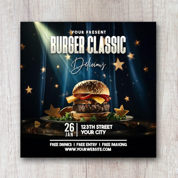 Burger klassische köstliche quadratische Flyer Social Media Design Post Banner Vorlage