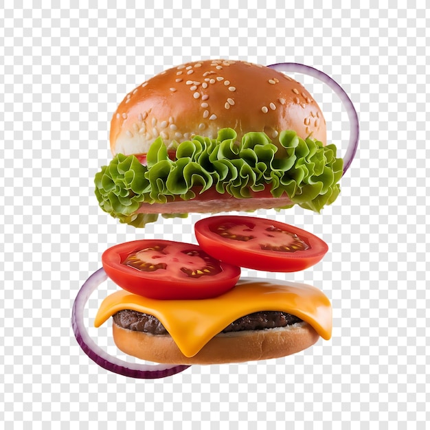 Burger réaliste avec laitue et fromage à l'arrière-plan transparent