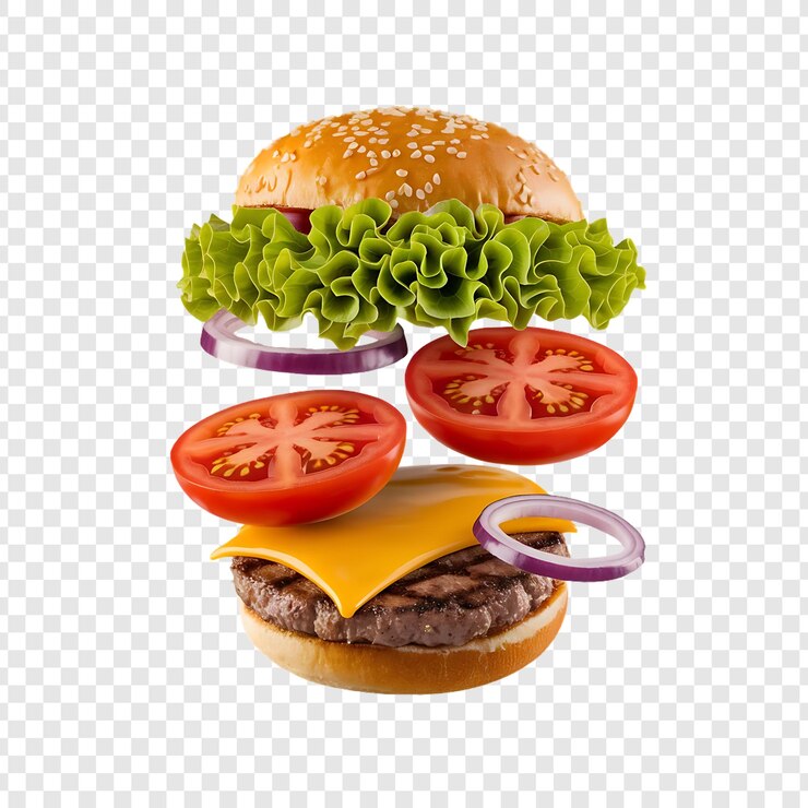 PSD burger realistico con lattuga e formaggio sullo sfondo trasparente