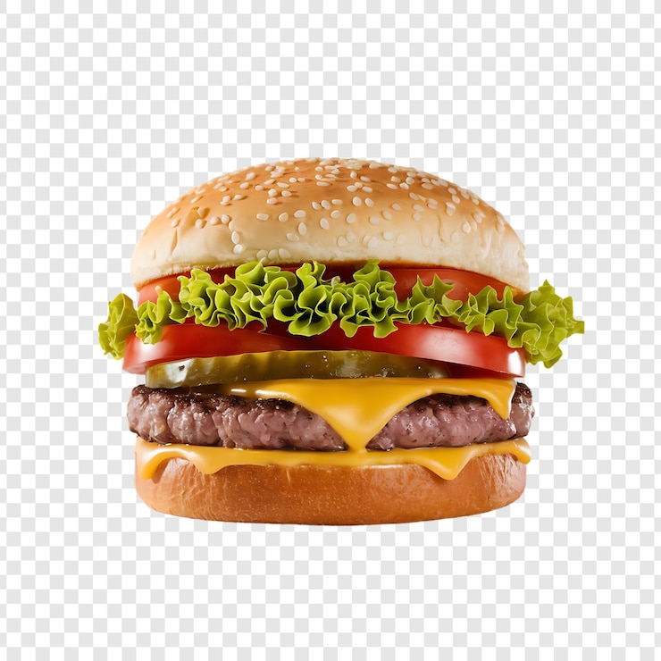 PSD burger realistico con lattuga e formaggio sullo sfondo trasparente