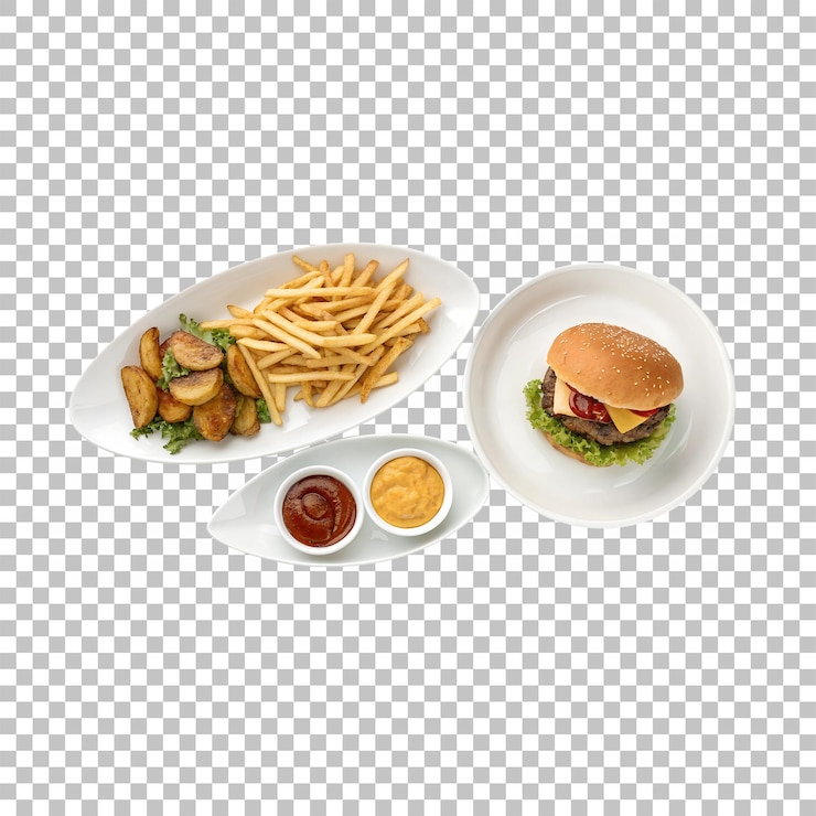 PSD burger suculento com batatas fritas e batatas