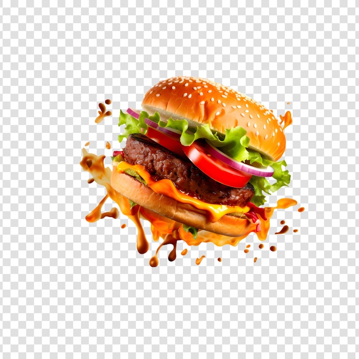 PSD burger volant délicieux frais avec du bœuf, du fromage, de la sauce tomate et de la laitue sur un fond transparent