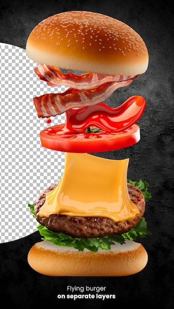 PSD burger volant avec tous les ingrédients sur des couches séparées
