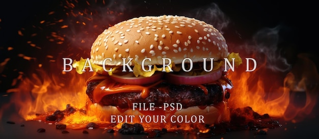 PSD burger with dark background and burning fire