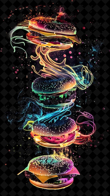 Burgers luminescents lumineux s'effritant et se désintégrant Bur couleur néon nourriture boisson collection Y2K