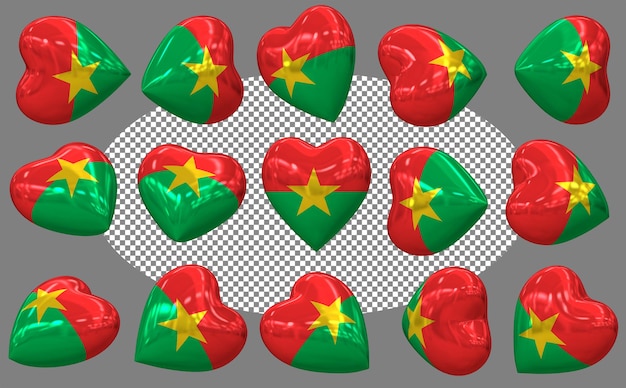 Burkina Faso 3D-Herzflagge mit isolierten verschiedenen Positionen 3D-Rendering
