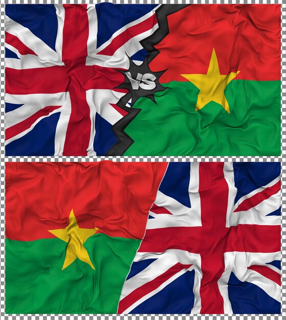 Burkina Faso contra el Reino Unido Media bandera combinada Tejido Bump Textura Renderizado en 3D