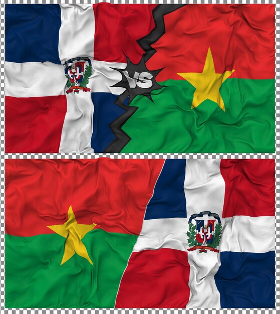 Burkina Faso gegen Dominikanische Halbkombinierte Flagge Stoff-Bump-Textur 3D-Rendering