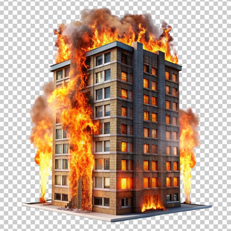 Burning building with fire explosion isolated on transparent background