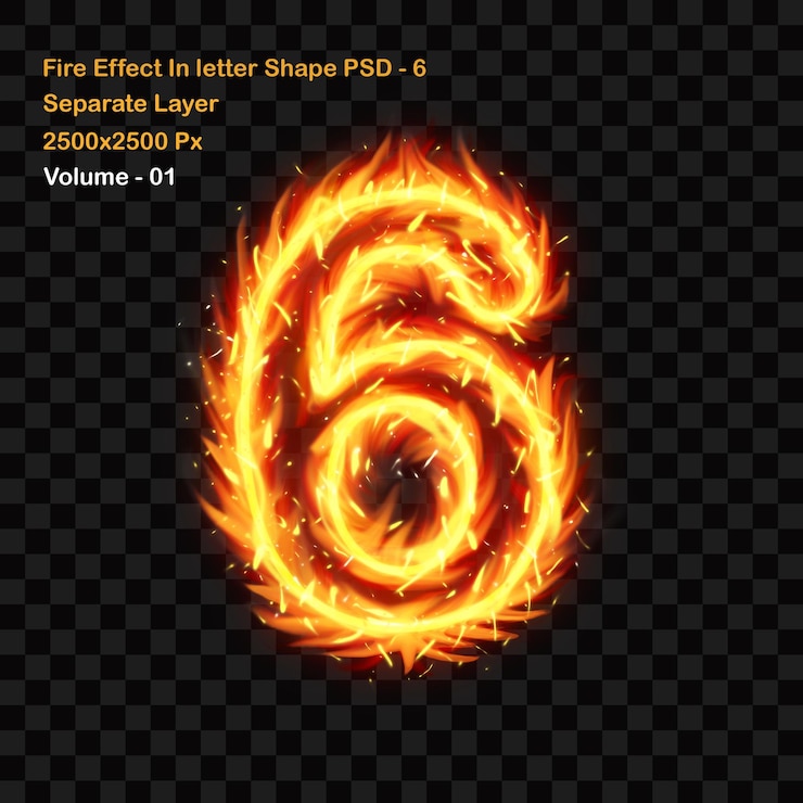 PSD burning number six fire flames efecto ilustración sobre fondo transparente burning number six
