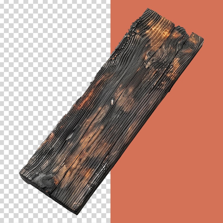 PSD burnt wooden plank isolated on transparent background