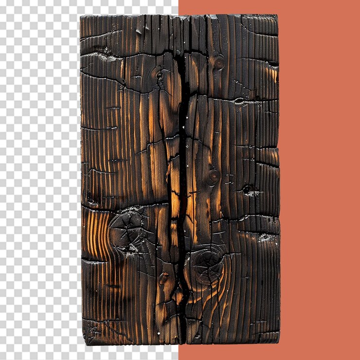 PSD burnt wooden plank isolated on transparent background