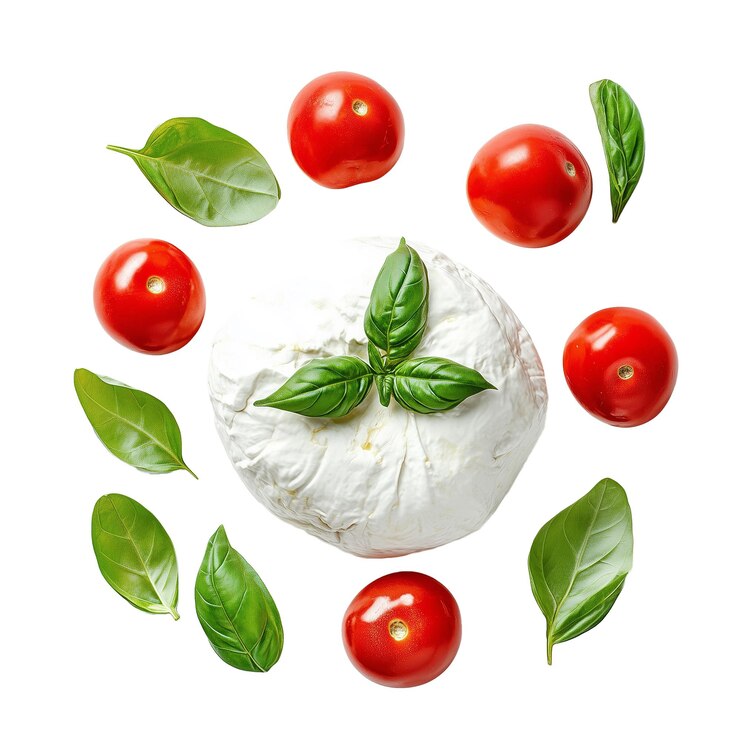 PSD burrata cheese with cherry tomatoes and basil leaves